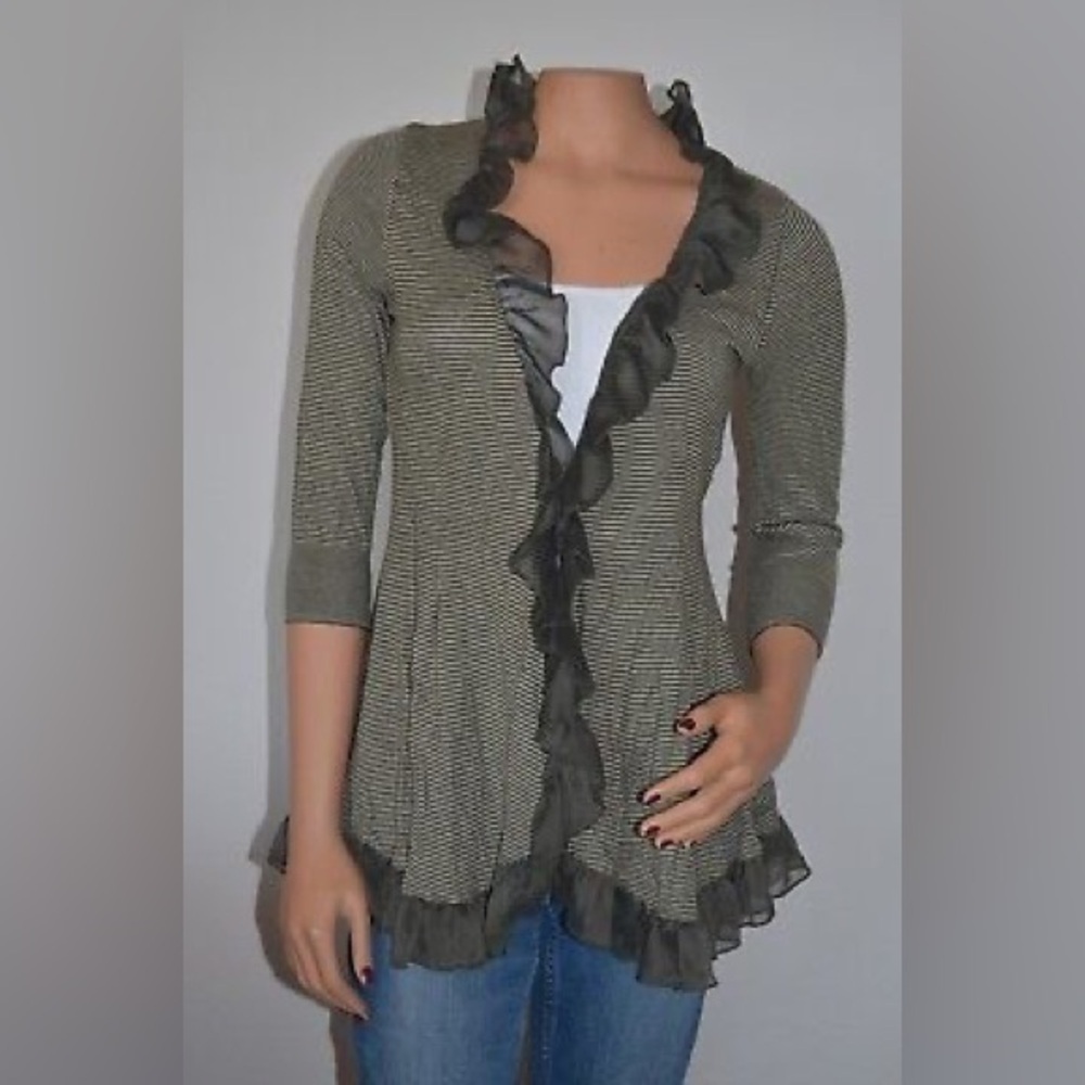 Guinevere ANTHROPOLOGIE Size S Cardigan Sweater Green Striped Ruffle Steampunk
